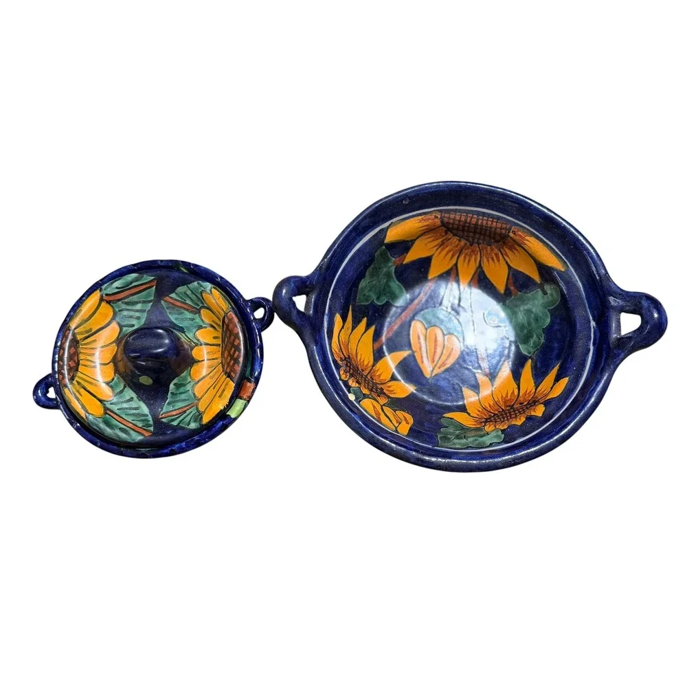 Moctezuma Mexican Folk Art Pottery Sunflower Calla Lily Bowl and Lidded Dish Set